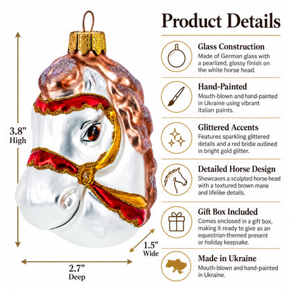 White Horse Head with Golden Bridle Glass Christmas Ornaments