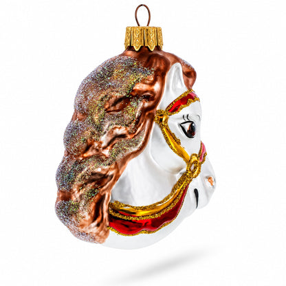 White Horse Head with Golden Bridle Glass Christmas Ornaments