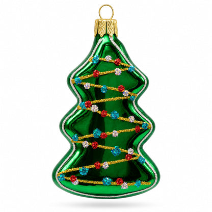 Green Tree with Gold Garland Glass Christmas Ornament