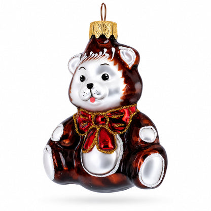 Teddy Bear with Red Bow Glass Christmas Ornament