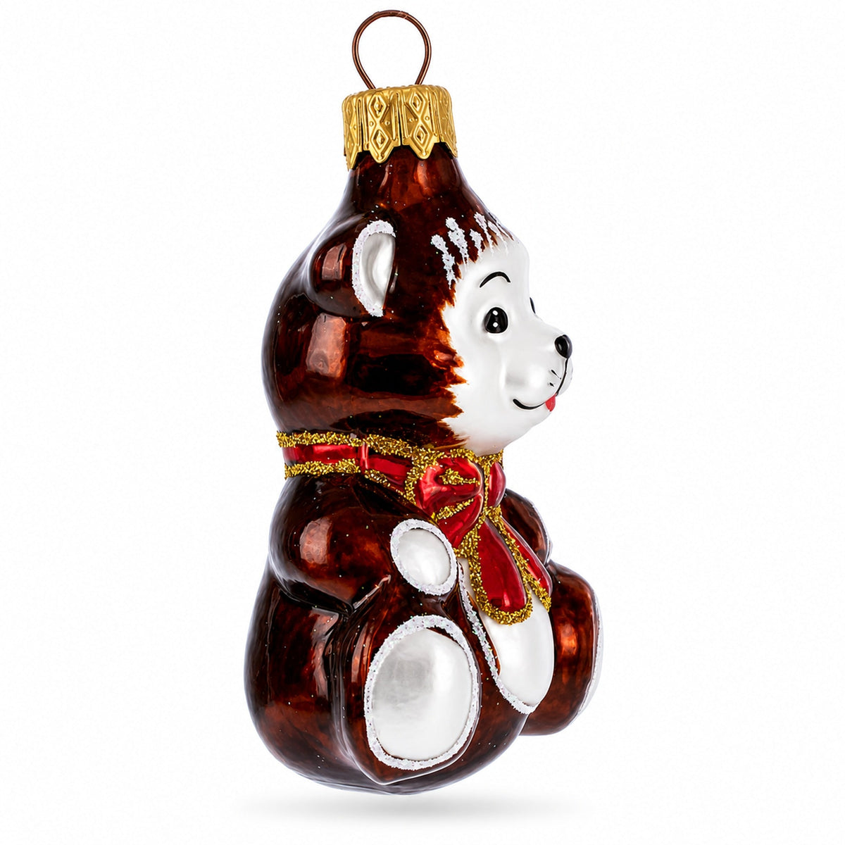 Teddy Bear with Red Bow Glass Christmas Ornament