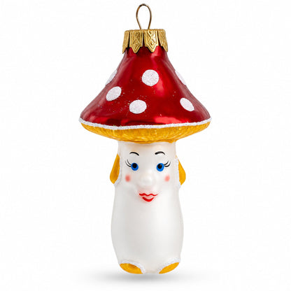 Mushroom with Red Cap and White Dots Glass Christmas Ornament