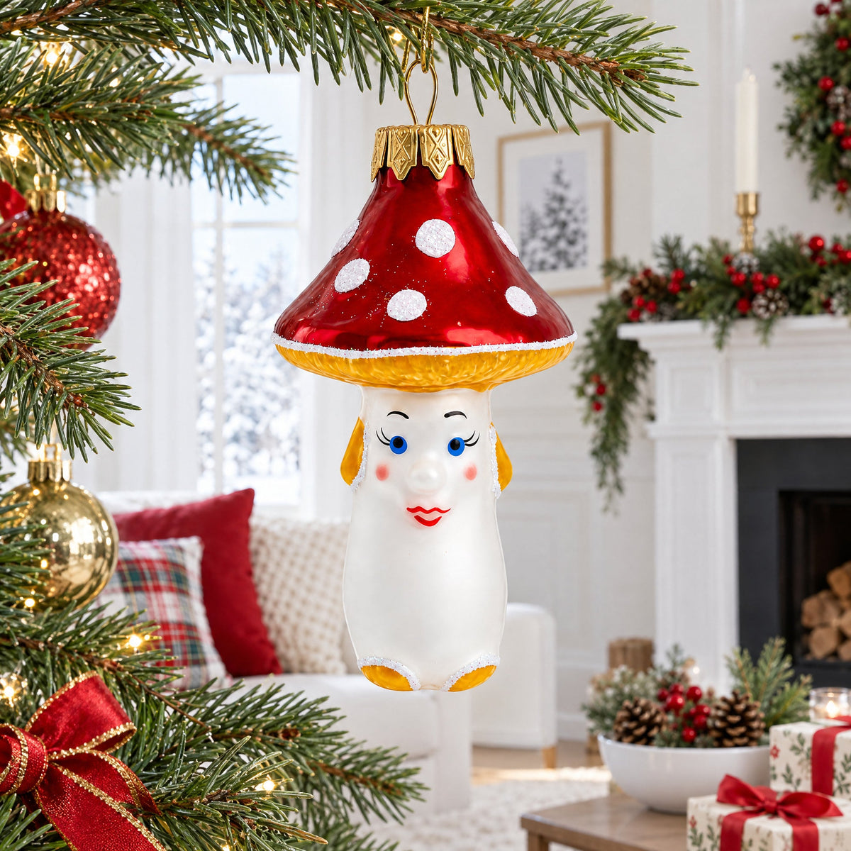 Mushroom with Red Cap and White Dots Glass Christmas Ornament