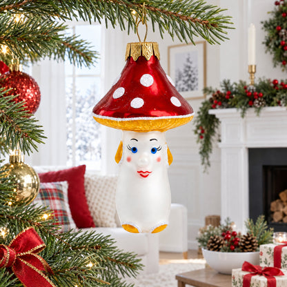 Mushroom with Red Cap and White Dots Glass Christmas Ornament