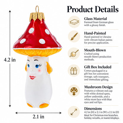 Mushroom with Red Cap and White Dots Glass Christmas Ornament