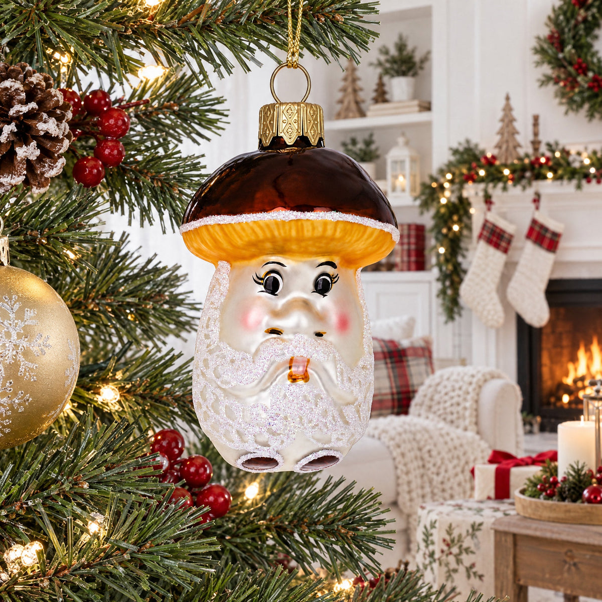 Wise Grandpa Mushroom Glass Christmas Ornament