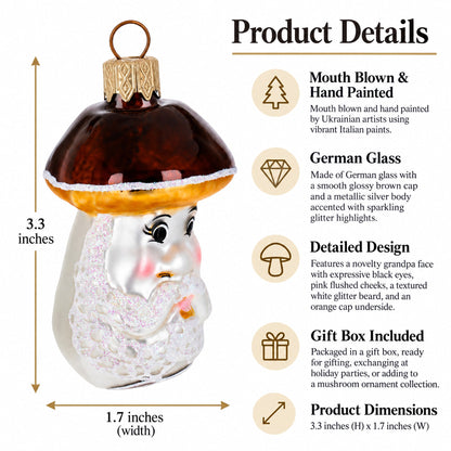Wise Grandpa Mushroom Glass Christmas Ornament