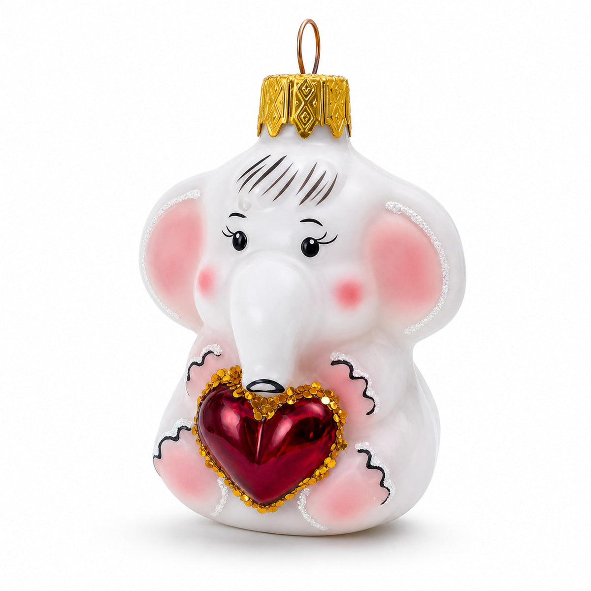 White Elephant with Red Heart Mini Glass Christmas Ornament