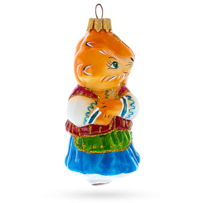 Fox in Folk Embroidered Costume Glass Christmas Ornament