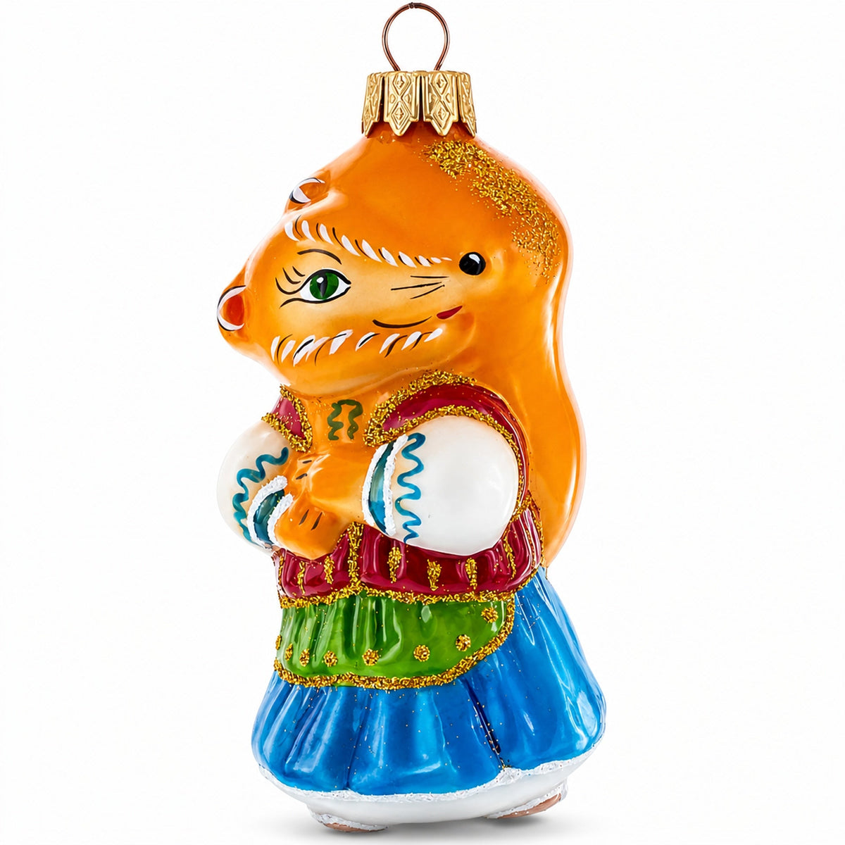Fox in Folk Embroidered Costume Glass Christmas Ornament