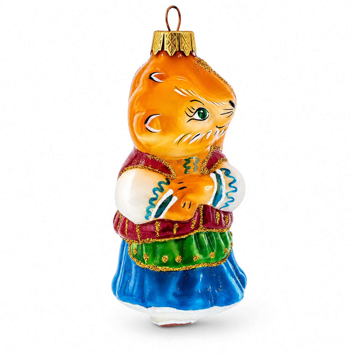 Fox in Folk Embroidered Costume Glass Christmas Ornament