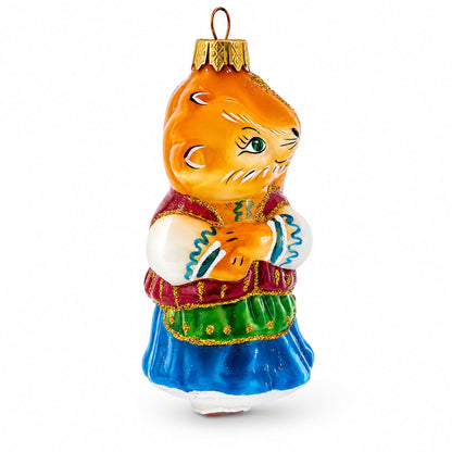 Fox in Folk Embroidered Costume Glass Christmas Ornament