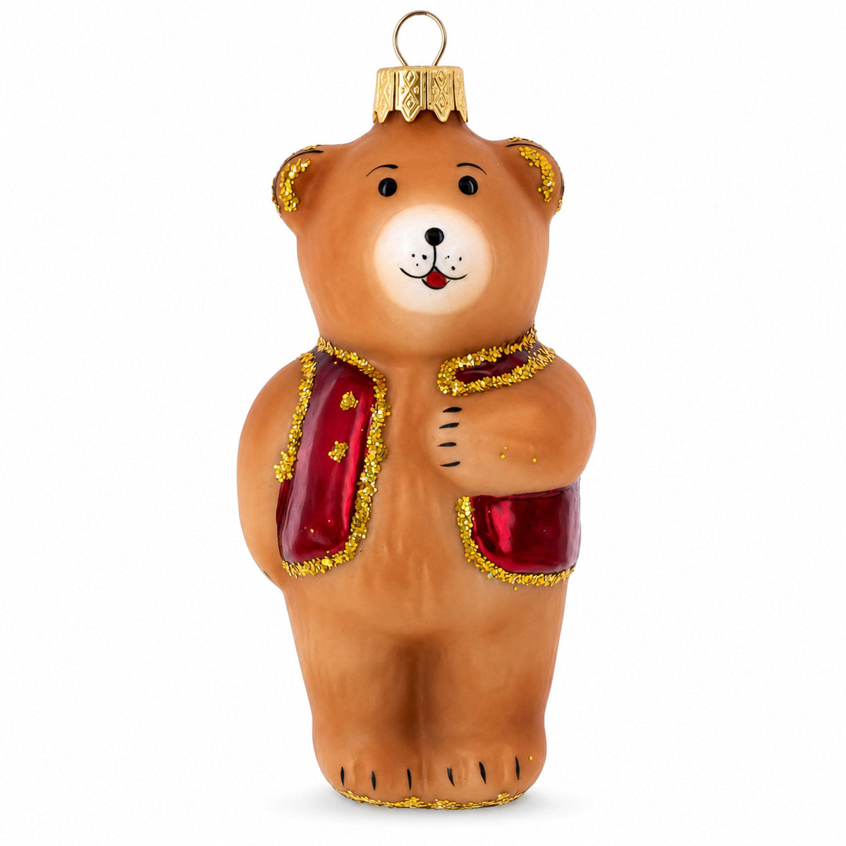 Brown Bear with Red Vest Glass Christmas Ornament