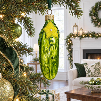 Cucumber with Vine and Star Blossom Glass Christmas Ornament