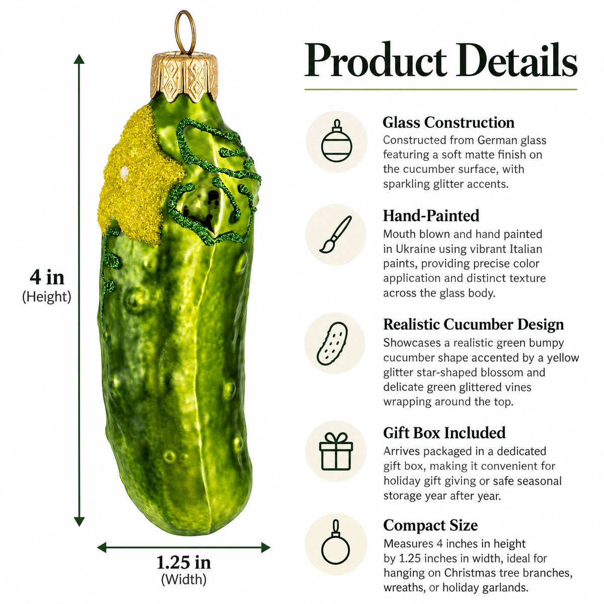 Cucumber with Vine and Star Blossom Glass Christmas Ornament