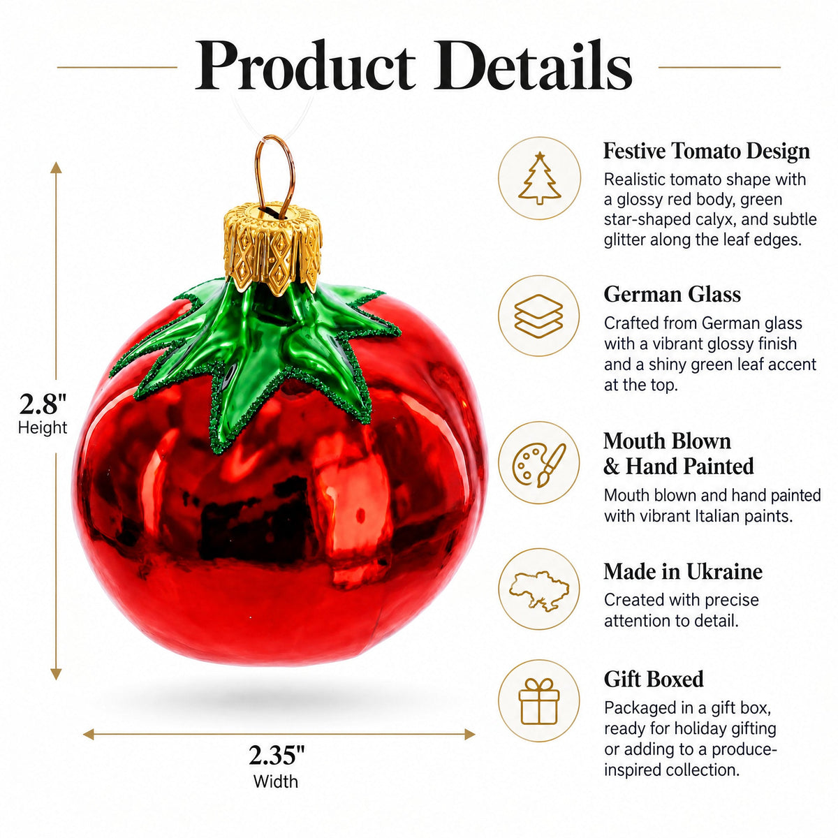 Red Tomato Mini Glass Christmas Ornament 2.8 Inches