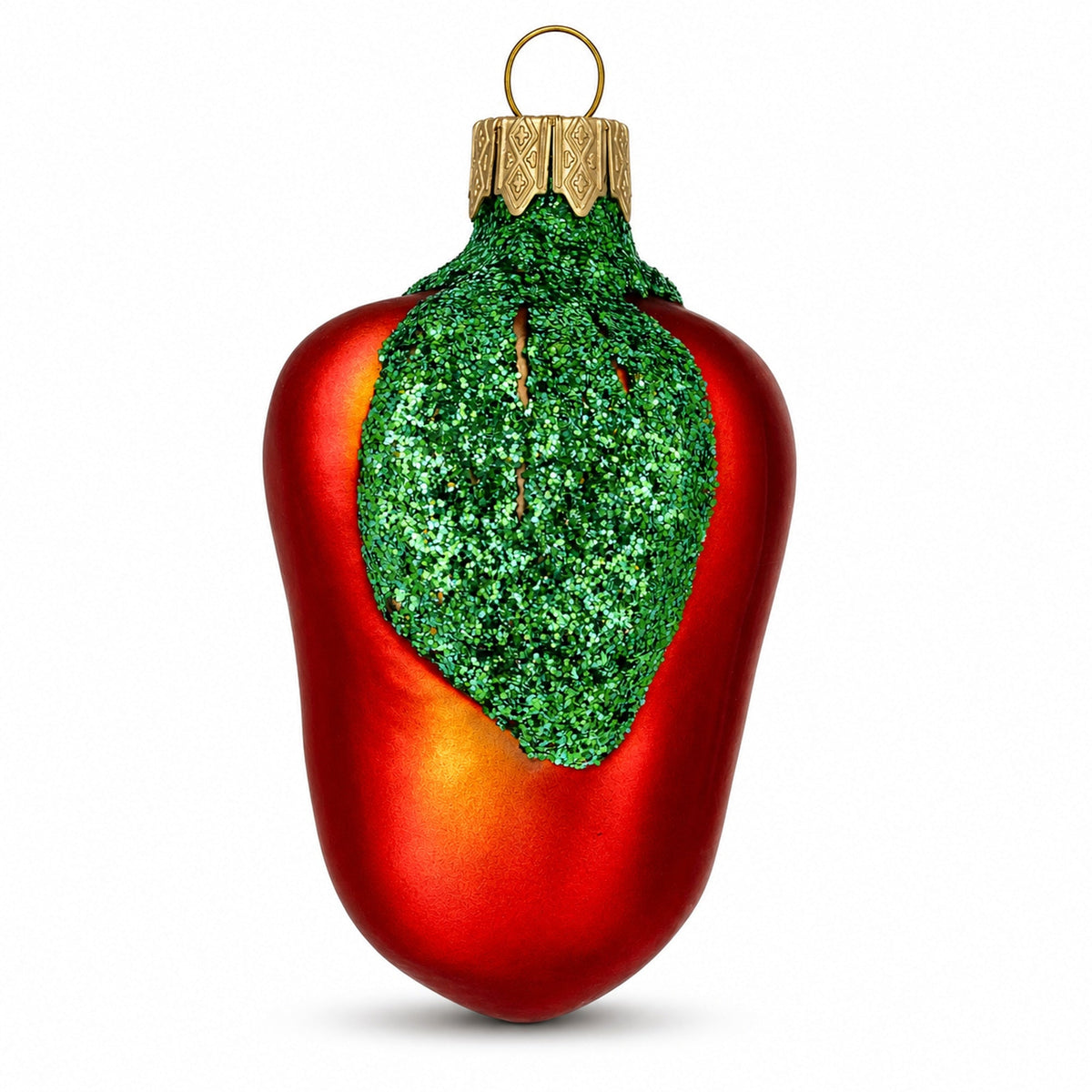 Red Bell Pepper with Green Glitter Stem Glass Christmas Ornament