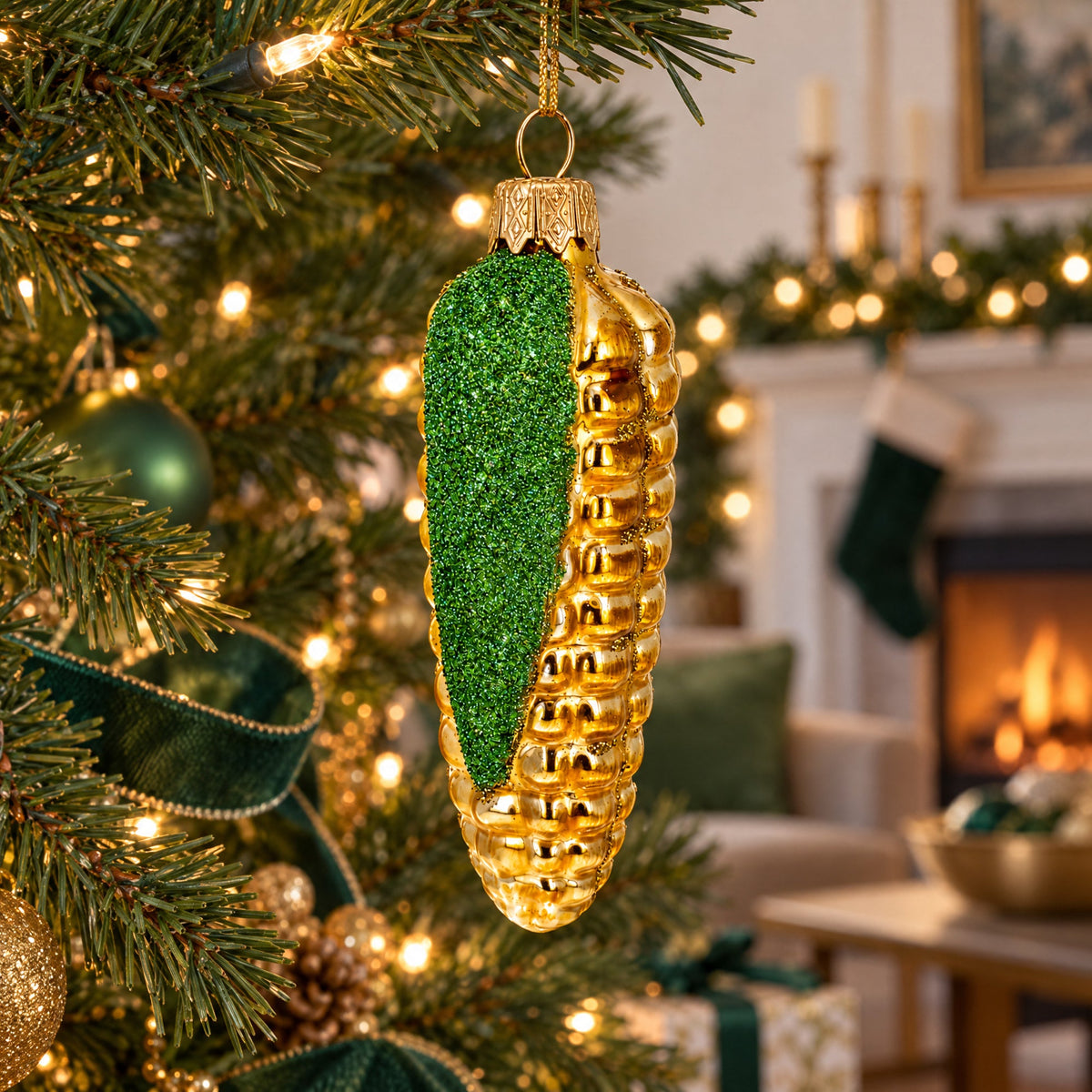 Corn Cob with Glossy Finish and Glitter Husk Glass Christmas Ornament