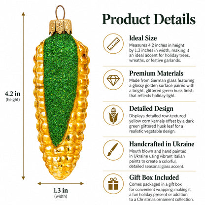 Corn Cob with Glossy Finish and Glitter Husk Glass Christmas Ornament