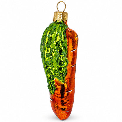 Orange Carrot with Glitter Leaves Glass Christmas Ornament