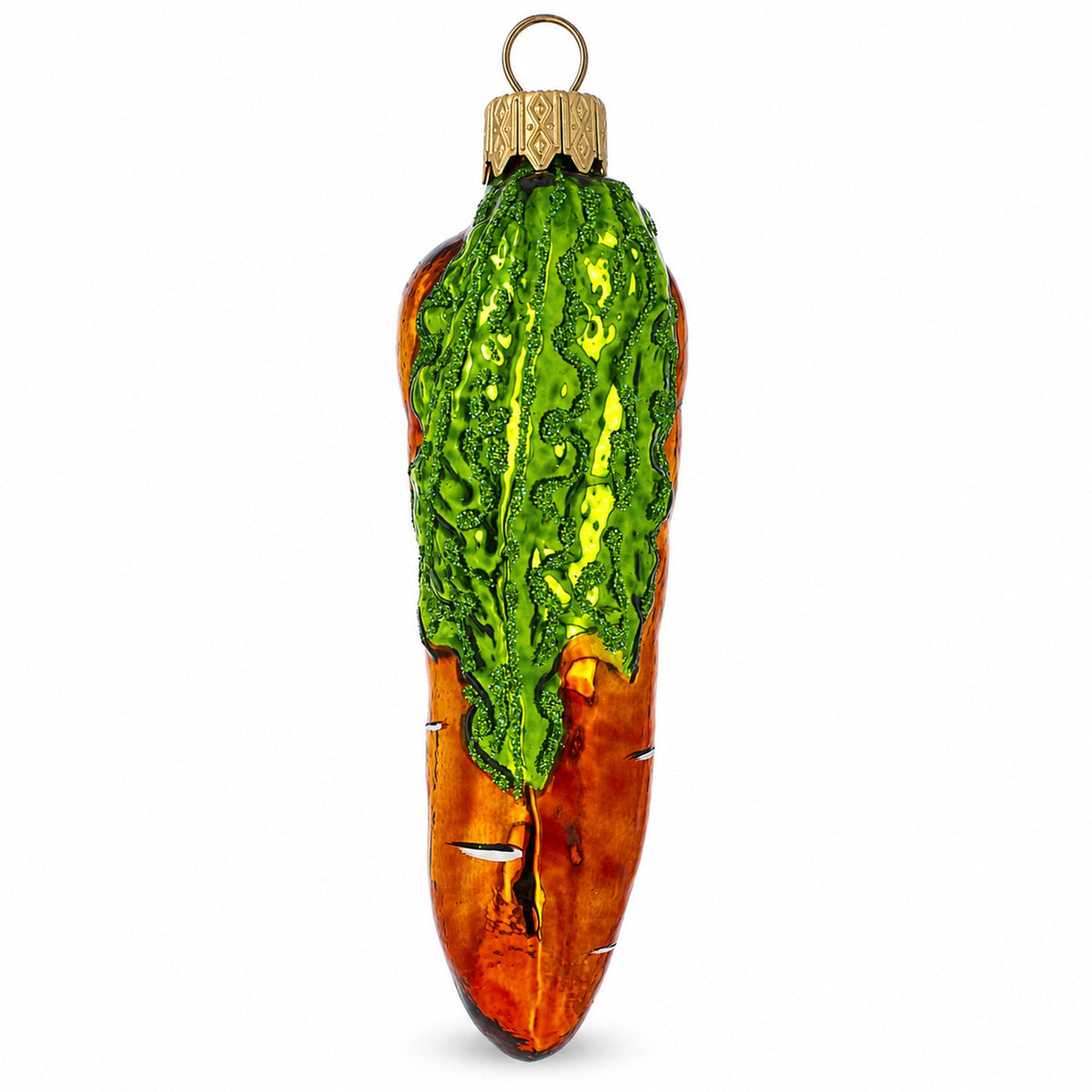 Orange Carrot with Glitter Leaves Glass Christmas Ornament
