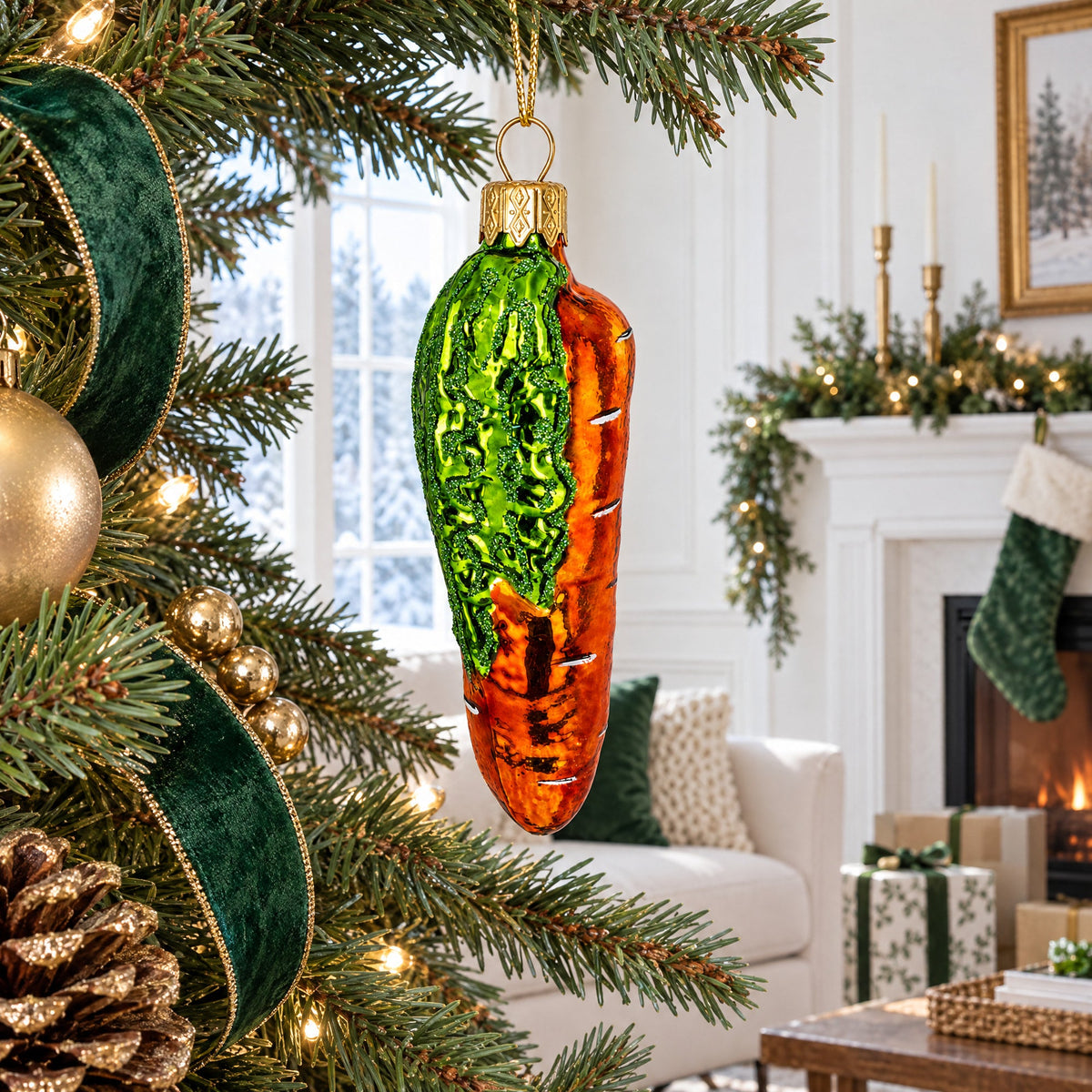 Orange Carrot with Glitter Leaves Glass Christmas Ornament