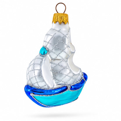 Sailing Ship with White Sails and Blue Hull Glass Christmas Ornament