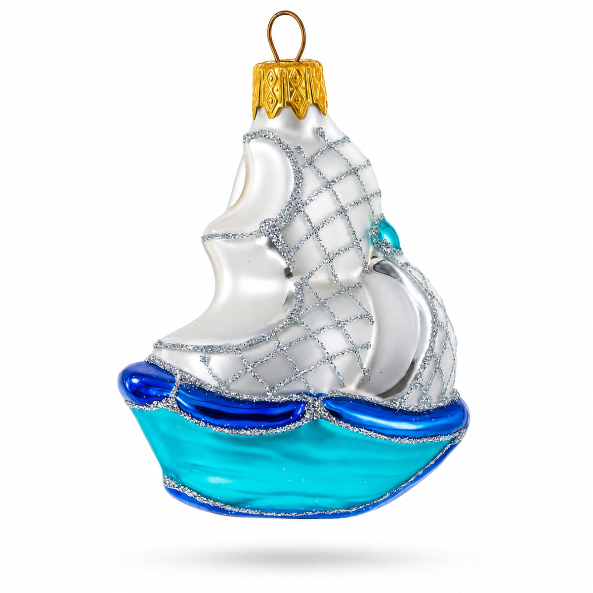 Sailing Ship with White Sails and Blue Hull Glass Christmas Ornament