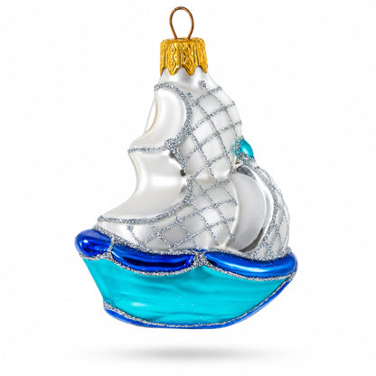 Sailing Ship with White Sails and Blue Hull Glass Christmas Ornament