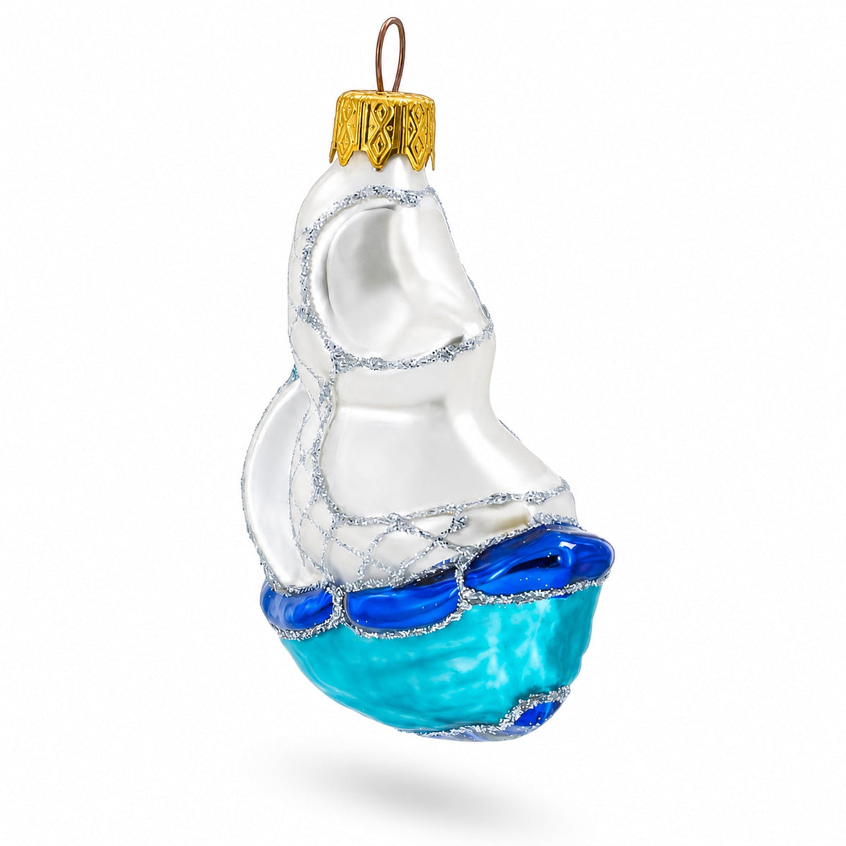 Sailing Ship with White Sails and Blue Hull Glass Christmas Ornament