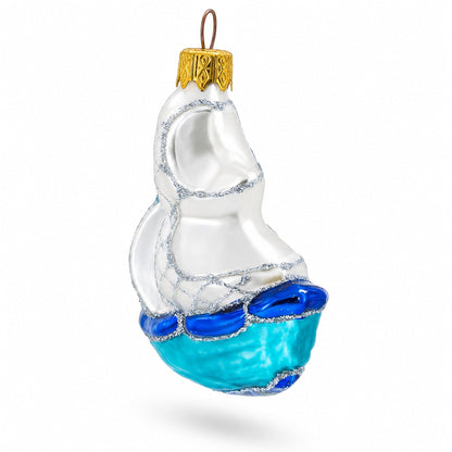 Sailing Ship with White Sails and Blue Hull Glass Christmas Ornament