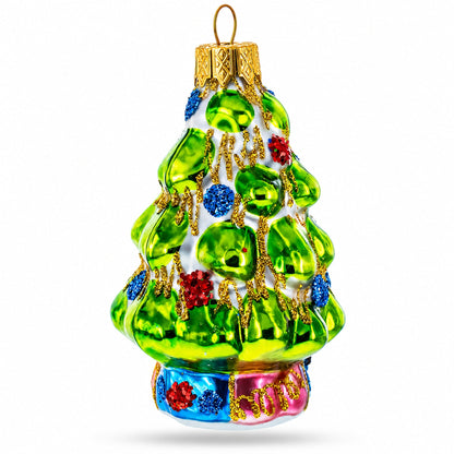 Tree Adorned with Golden Garland Glass Christmas Ornament
