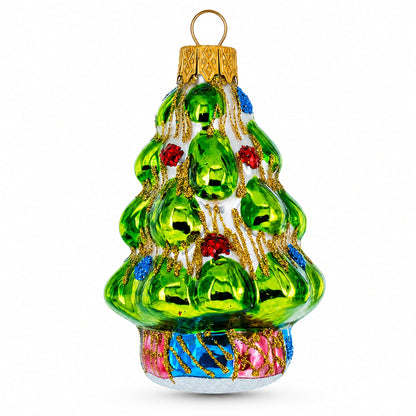 Tree Adorned with Golden Garland Glass Christmas Ornament