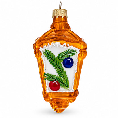 Lantern with Pine Branch Glass Christmas Ornament