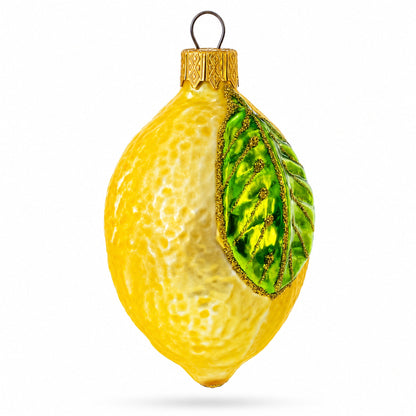 Lemon with Green Leaf Glass Christmas Ornament 3.7 Inches
