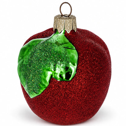 Red Apple with Green Leaf Glass Christmas Ornament