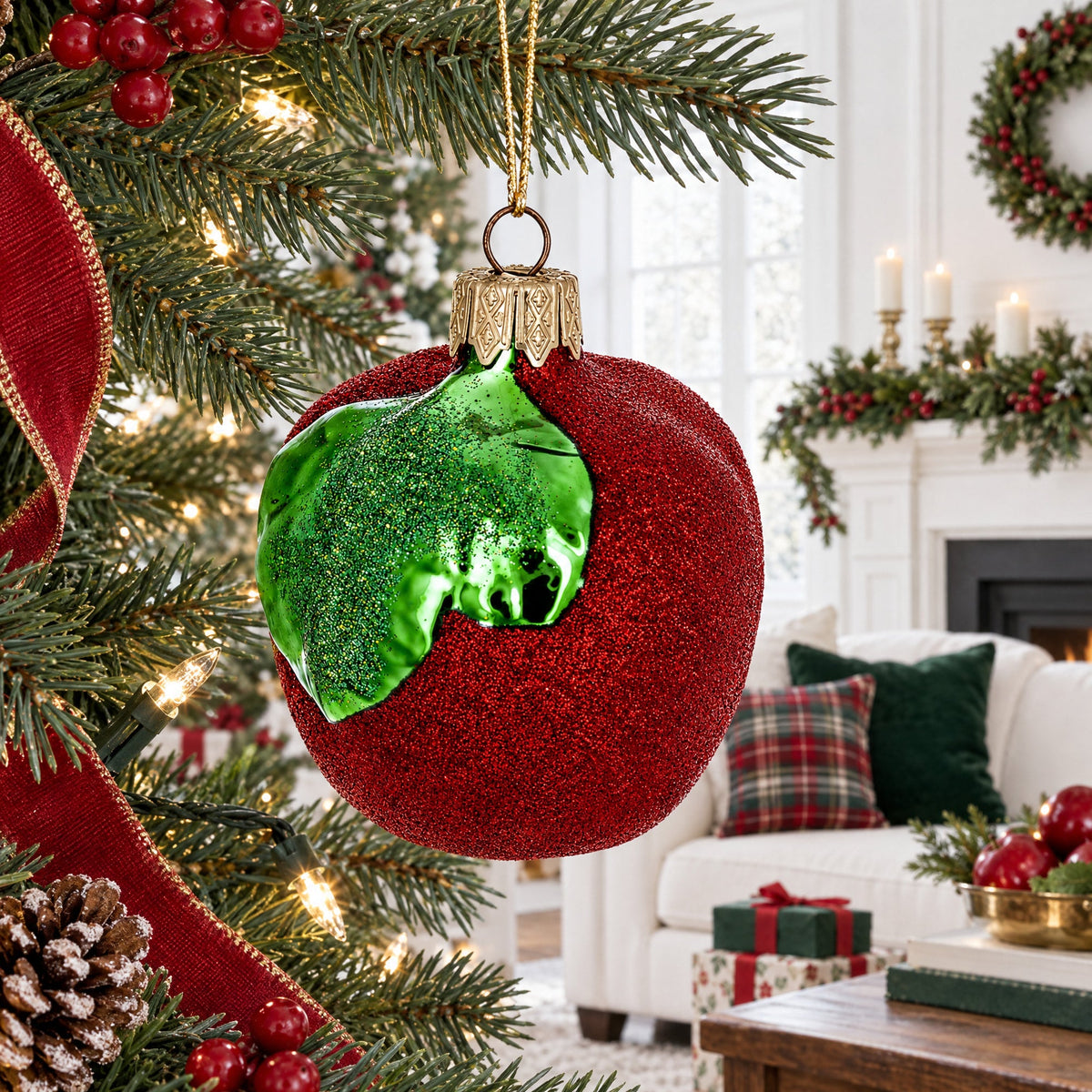 Red Apple with Green Leaf Glass Christmas Ornament