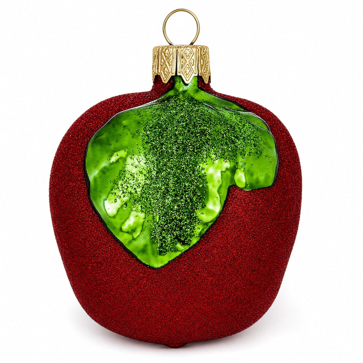 Red Apple with Green Leaf Glass Christmas Ornament