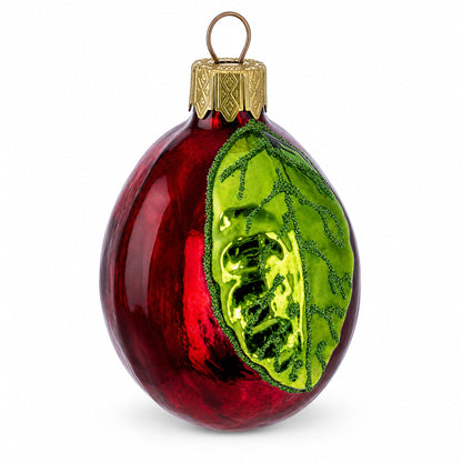 Red Plum with Green Leaf Glass Christmas Ornament