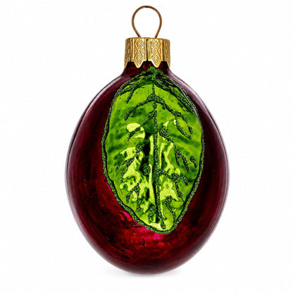 Red Plum with Green Leaf Glass Christmas Ornament