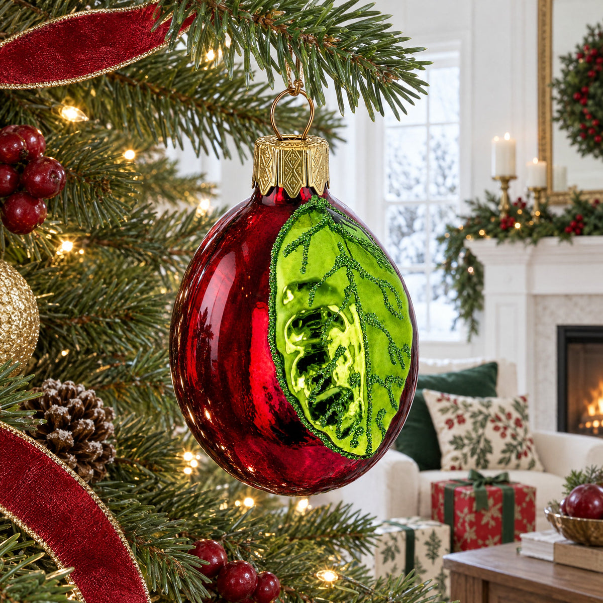 Red Plum with Green Leaf Glass Christmas Ornament