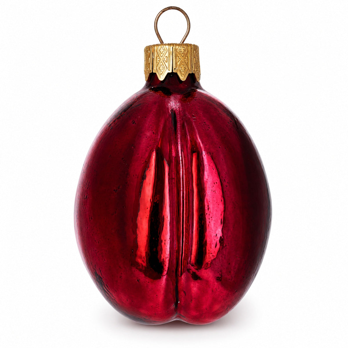 Red Plum with Green Leaf Glass Christmas Ornament