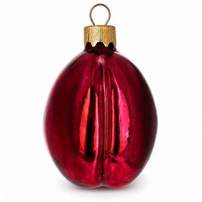 Red Plum with Green Leaf Glass Christmas Ornament