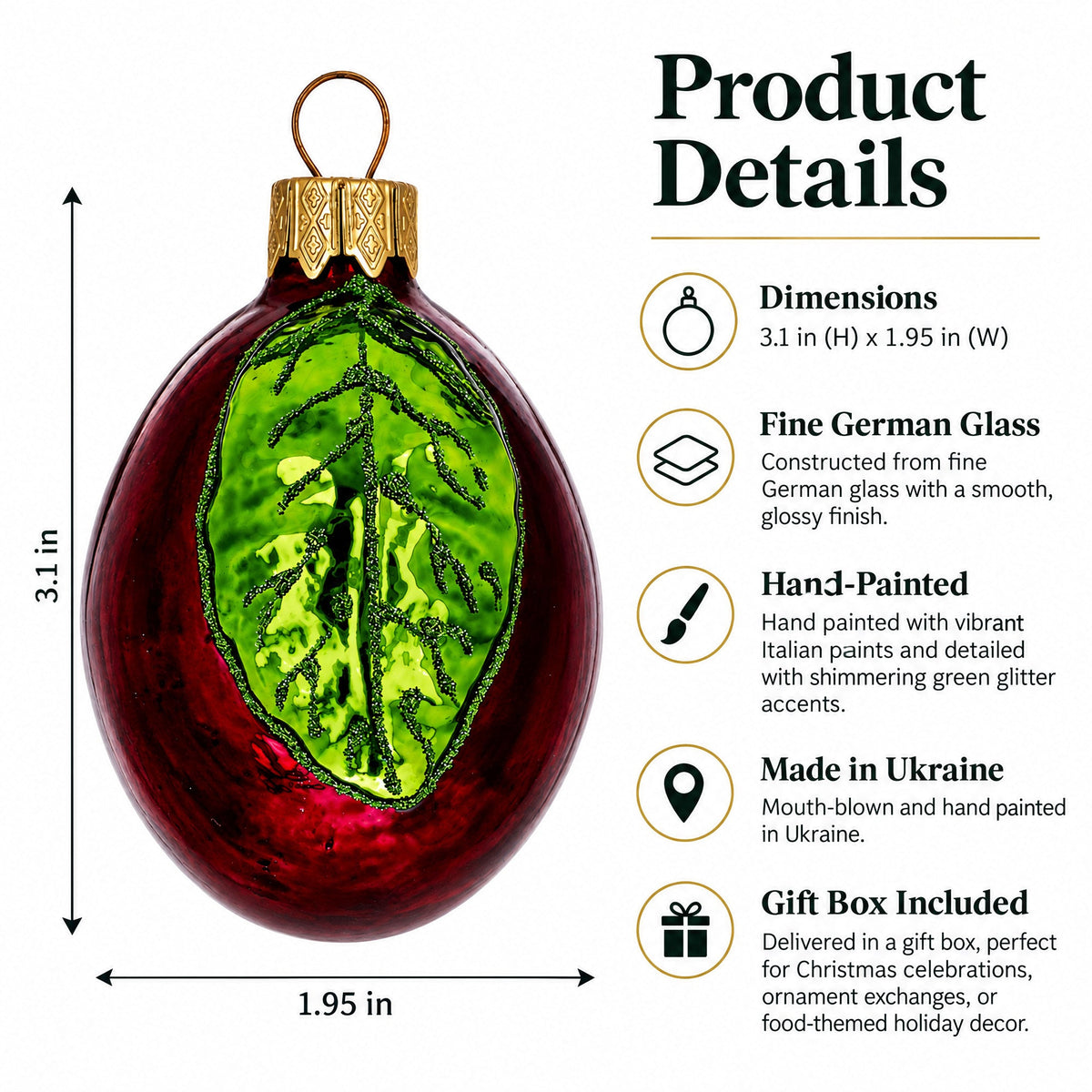 Red Plum with Green Leaf Glass Christmas Ornament