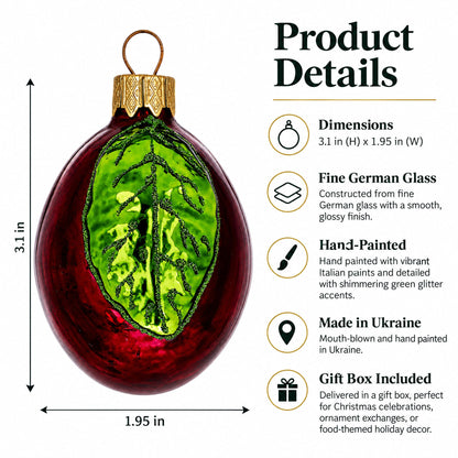Red Plum with Green Leaf Glass Christmas Ornament