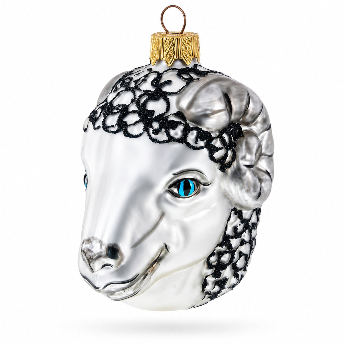 Ram Head with Blue Eyes Glass Christmas Ornament