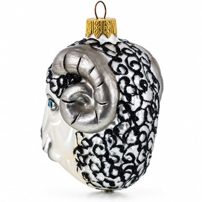 Ram Head with Blue Eyes Glass Christmas Ornament
