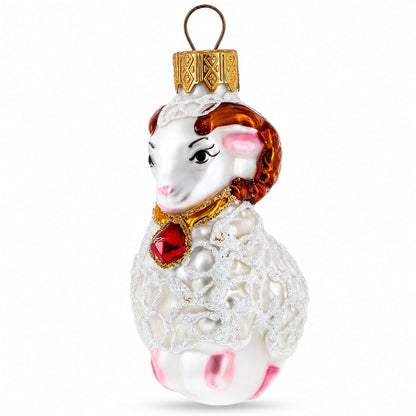 White Ram with Red Bell Glass Christmas Ornament