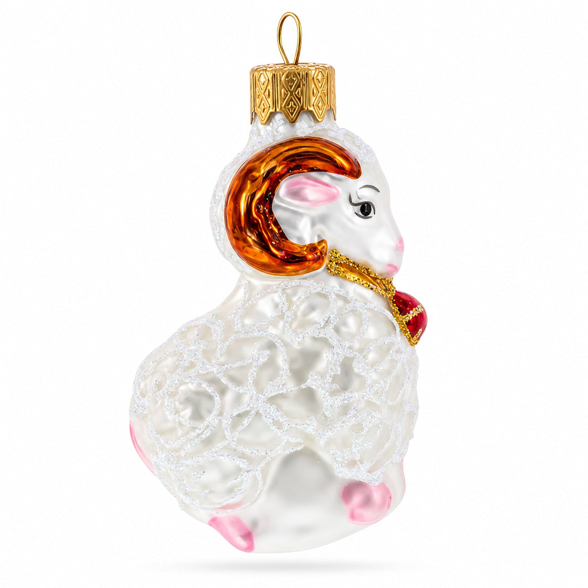 White Ram with Red Bell Glass Christmas Ornament