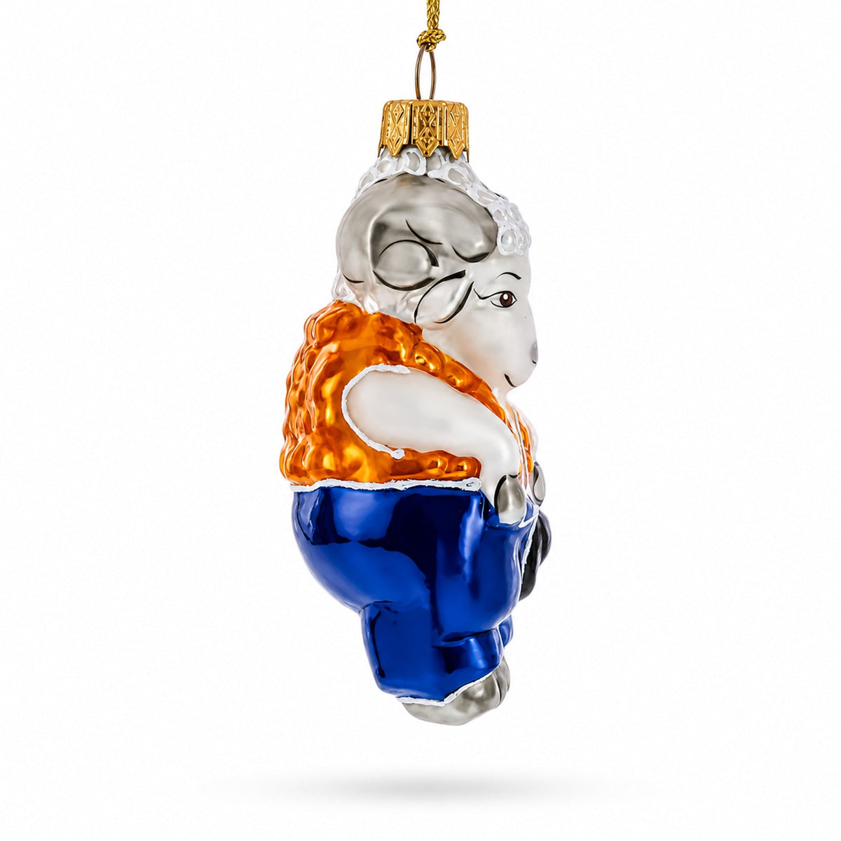 Goat in Folk Vest with Blue Trousers and Hat Glass Christmas Ornament